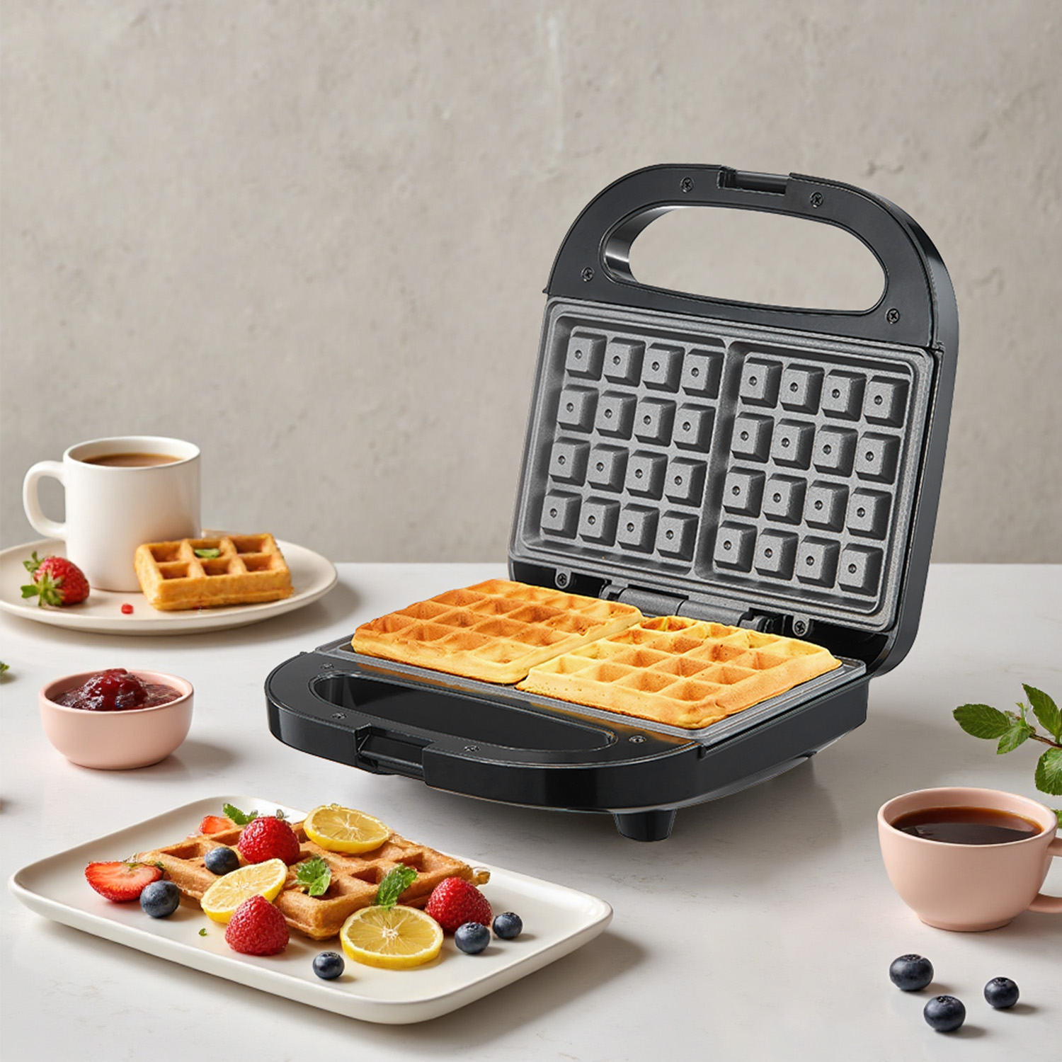 Mini Waffle Maker Machine - 2枚焼きベルギーワッフルメーカー、焦げ付き防止プレート、LEDインジケーター付きコンパクト電気ワッフルアイロン、ロックラッチ、家庭用キッチン向け簡単清掃朝食メーカー