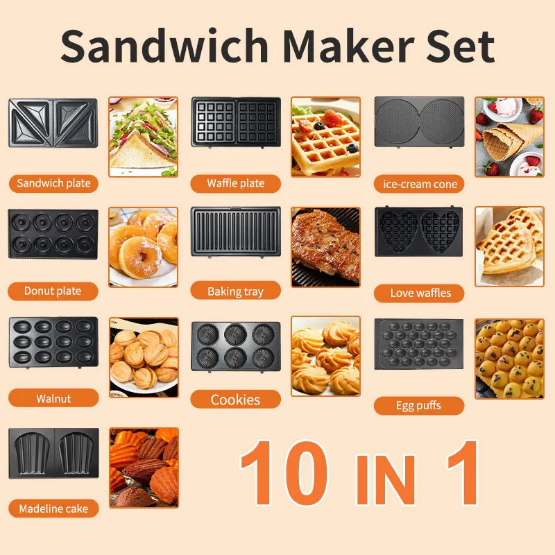 Mini Waffle Maker Machine - 220/110V 家庭用電化製品 10 in 1 サンドイッチメーカー