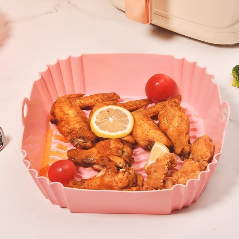 Air Fryer Silicone Pot Liner - ノンスティックシリコンエアフライヤーライナー、型用ライナー、フライドチキンアクセサリー、ベーキングバスケット、再利用可能なソフトスクエアシリコンポット